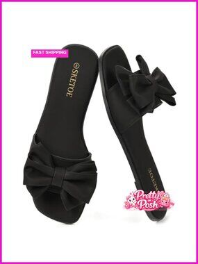 Women's Bow Flat Sandals Square Toe Slip On Slide Wedding Beach Vacation